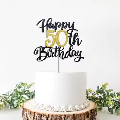 Happy 50th Birthday Cake Topper – Black & Gold Glitter | Pre-Assembled 50th Birthday Decorations for Women & Men - Cheers to 50 Years 50 and Fabulous