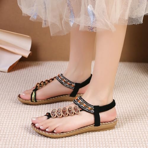 Women's Flat Sandals Dressy Summer Bohemian Flip Flops Elastic Ankle Strap Beach Sandal Comfortable Walking Shoes Travel3