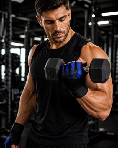 Image of GymWar Unisex Leather Gladiator Gym Gloves | for Professional Weightlifting, Fitness Training and Workout | with Half-Finger Length, Wrist Wrap for Protection (Blue, XL)