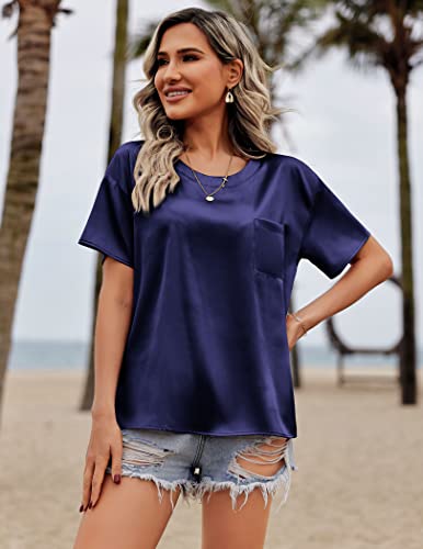 Hotouch Blusa feminina de cetim de seda, manga curta, solta, gola redonda, túnica casual de verão co