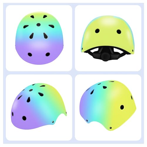 Image of Color Gradient Adjustable Kids Bike Helmet with Knee & Elbow Pads Set | Multi-Sport Safety Gear for Boys & Girls Ages 5-14 | Skateboarding, Scooters, Roller & Inline Skating, Longboarding