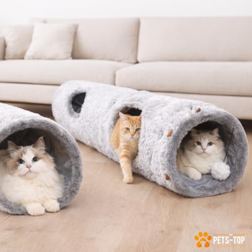 One PETS-TOP Katzentunnel XXL – Katzentunnel Große Katzen – Rascheltunnel für Katzen – Interaktives Katzenspielzeug für drinnen – aus weichem Plüsch