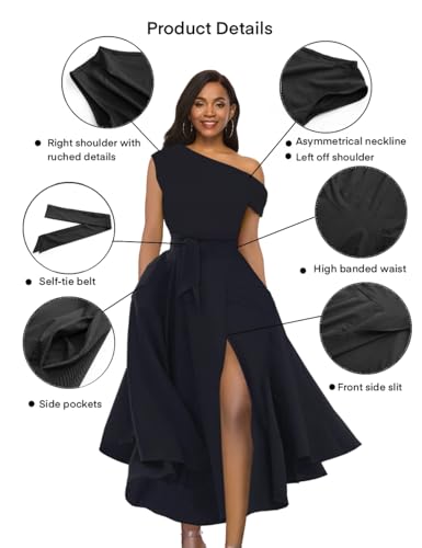Women's Elegant Off Shoulder Sleeveless Belted Side Slit Cocktail Swing Dress with Pockets2