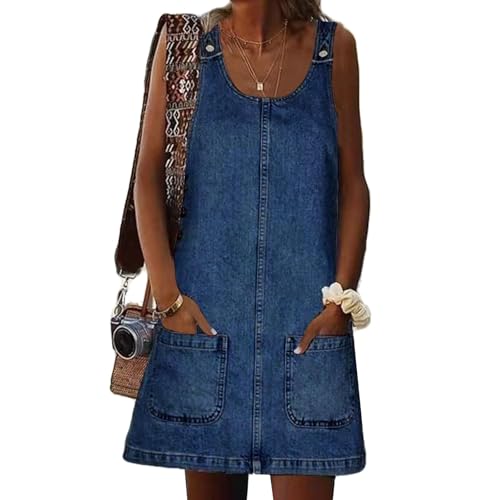 Image of Xaspee Denim Overall Dress for Women Casual Mini Sleeveless Jean Vintage Jumper Skirt Dress with Pockets