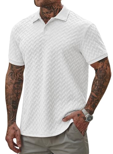 VOGSTART Men's Jacquard Shirts 2025 Poloshirt Soft Shirt Resort Collared Business Texture Trendy Polos White XL