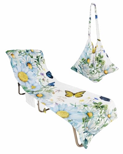 Spring Floral Beach Lounge Chair Towel Cover, Soft Chaise Lounge Towel with Side Pockets Patio Pool Chairs Cover for Beach/Pool Sunbathing 29x85 Summer Botanical Butterfly Daisy Elegant