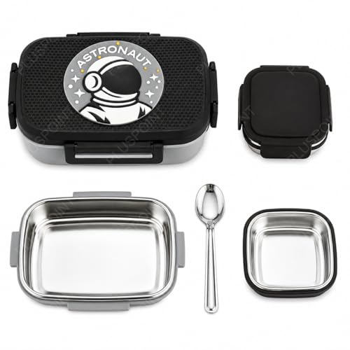 Image of PLUSPOINT Big Steel Lunch Box Space Theme Stainless Steel Lunch Box with Inner Separate Veg Box | Leak Proof and Break Resistant | Tiffin for Kids, Adults with Snap Lock | Ideal for Kids