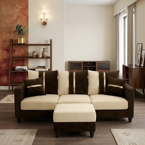 Image of Jester 4 Seater L Shape Sofa Set with Movable Ottoman | Flexible Left or Right Layout | Luxury Velvet Suede Fabric | Modern Living Room Sofa | Dark Brown-Cream