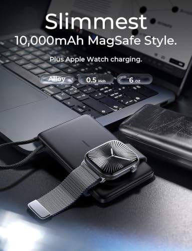 Image of LISEN 0.5'' Ultra Slim MagSafe Power Bank for iPhone and Apple Watch,10000mAh MagSafe Battery Pack,Alloy Magnetic Portable Charger for iPhone 16 Pro Max Plus /15, Apple Watch S11 /S10 S9 SE,Black