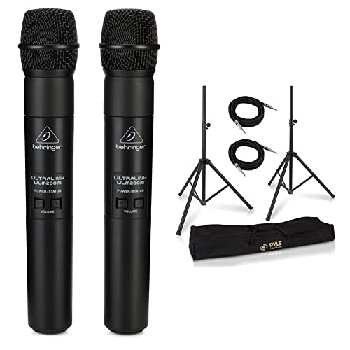 Behringer Ultralink Ulm202Usb Wireless Usb Dual Microphone System & Pyle Universal Stand Kit-Height Adjustable 3.6’ -5.6’ Tall Sound Equipment Tripod Mount, Black, 21’ Ft 1/4" Audio Cable (Pmdk102) #TOP21