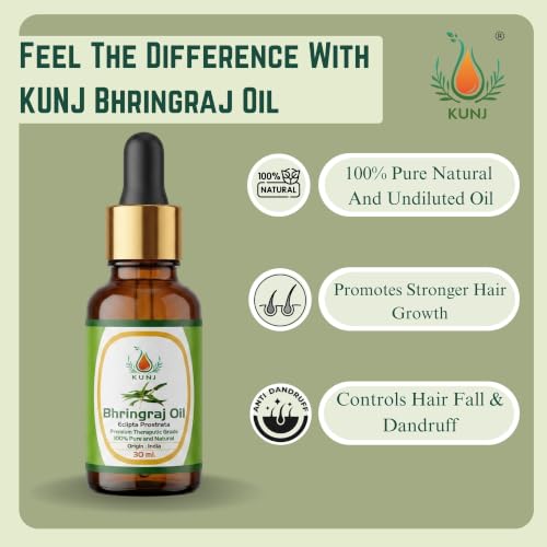 Image of KUNJ Bhringraj Oil for Hair Growth & Hair Fall Control 30ml | 100% Pure Ayurvedic Bhringraj Oil (Eclipta Prostrata) | Strong Roots, Scalp Nourishment & Dandruff Care | Natural Hair Care Oil