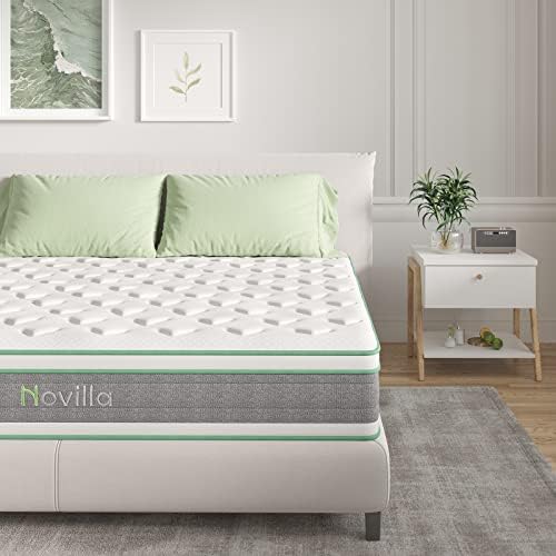 Novilla Queen Mattress 12 Inch Hybrid Mattress in a Box, Innerspring Mattress with Gel Memory Foam for a Cool Sleep, Pressure Relief, Medium Firm Mattress with Pillow Top, Groove,White&Grey&Green