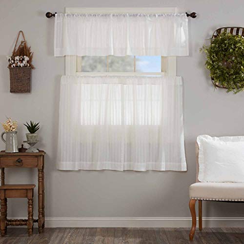 Piper Classics Emily Sheer Valance Curtains, 16" L X 72" W, Tone On Tone Off White Sheer Ticking Stripe Fabric, Vintage Farmhouse Kitchen Curtain #TOP1