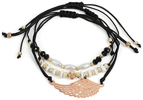 styleBREAKER Damen Stoff Armband 3er Set mit Flügel und Perlen, Schmuck 05040161, Farbe:Schwarz/Gold