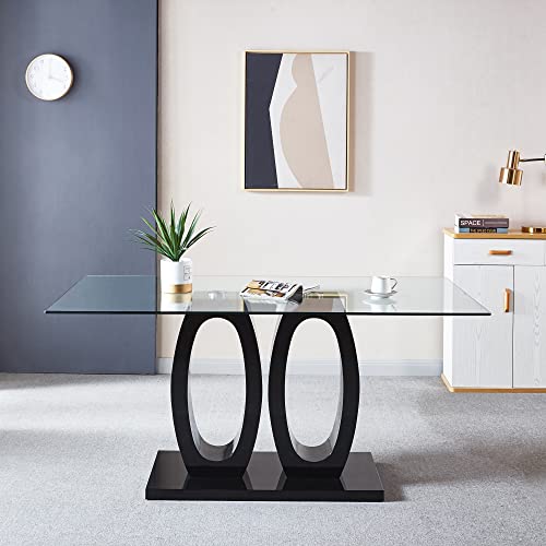 Henf 63" Contemporary Dining Table For 6, Tempered Glass Top Dining Room Table With High-Gloss Double Pedestal, Rectangle Dinner Table Kitchen Table Home Office Meeting Table (Black) #TOP2