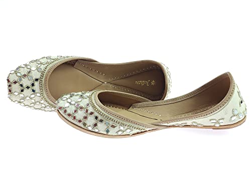 Image of Fulkari Women's Mirror Genuine Soft Leather Juttis | Bite and Pinch Free Jutis | Ladies Punjabi Jutti | Wedding Flat Stylish Mojari | Phulkari Ethnic Flats For Girls |