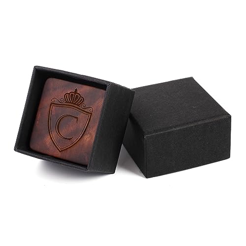 Image of Mens Initial Silver Cufflinks A-Z Alphabet Letter Steel Cuff Links with Engraved Walnut Wood Box Groom Groomsman Wedding Set