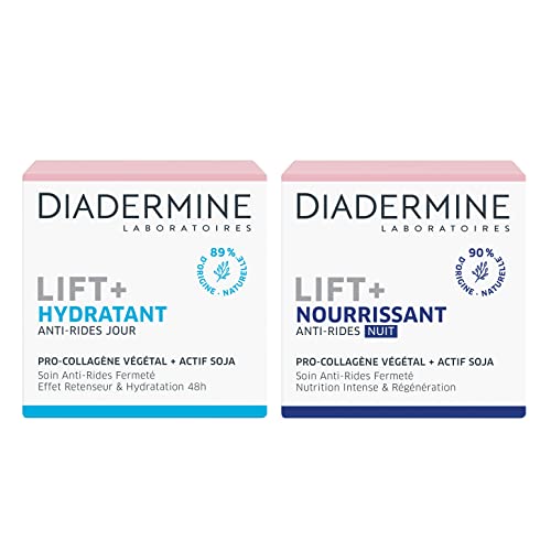 Diadermine - Routine Lift+ Hydratante et Nourrissante - Crème Jour Visage Anti-Rides Hydratante + Crème de Nuit Visage Anti-Rides Nourrissante - Pro-Collagène végétal et actif soja