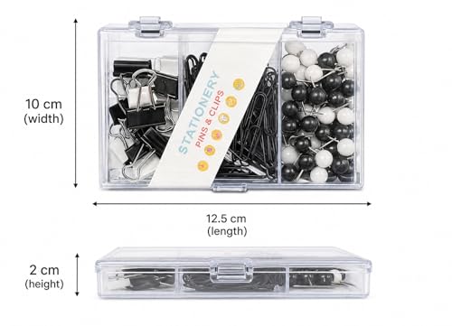 Image of Sumiko Black & White Paper Clip Box Stationery Set - 50 Push Pins 8 Paper Clips 80 Binder Clips 3 Compartments | Portable Paper Clips & Pins Kit for Home School Office & Gifts for All
