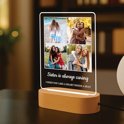 Image of Giftplease Personalised Sister Photo Frame - Custom Acrylic Picture Collage with Wooden LED Base, Unique Raksha Bandhan Gift for Sister, Personalized Keepsake for Rakhi Celebration, Sibling Decor