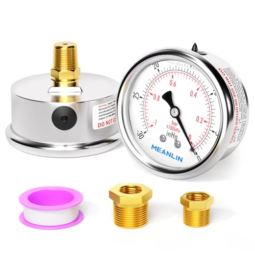 MEANLIN MEASURE -30inHG~0Psi Stainless Steel 1/4" NPT 2.5" FACE DIAL Vacuum Pressure Gauge, Center Back Mount, with 1/2" NPT and 3/8" NPT Hex Bushing