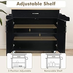 COSTWAY Kitchen Island Cart, Rolling Storage Trolley Cart with Lockable Rubber Wheels, Large Cabinet, Drawer, Spice Rack and Towel Rack, Kitchen Serving Utility, 3-Position Adjustable Shelf (Black) COSTWAY Kitchen Island Cart Rolling Storage Trolley Cart with Lockable Rubber Wheels Large Cabinet Drawer Spice Rack and Towel Rack Kitchen Serving Utility 3 Position Adjustable Shelf Black
