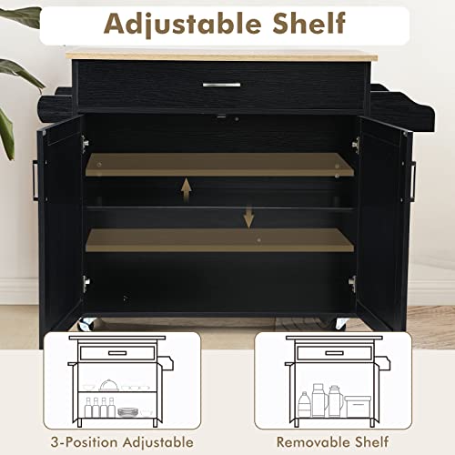 COSTWAY-Kitchen-Island-Cart-Rolling-Storage-Trolley-Cart-with-Lockable-Rubber-Wheels-Large-Cabinet-Drawer-Spice-Rack-and-Towel-Rack-Kitchen-Serving-Utility-3-Position-Adjustable-Shelf-Black COSTWAY Kitchen Island Cart Rolling Storage Trolley Cart with Lockable Rubber Wheels Large Cabinet Drawer Spice Rack and Towel Rack Kitchen Serving Utility 3 Position Adjustable Shelf Black