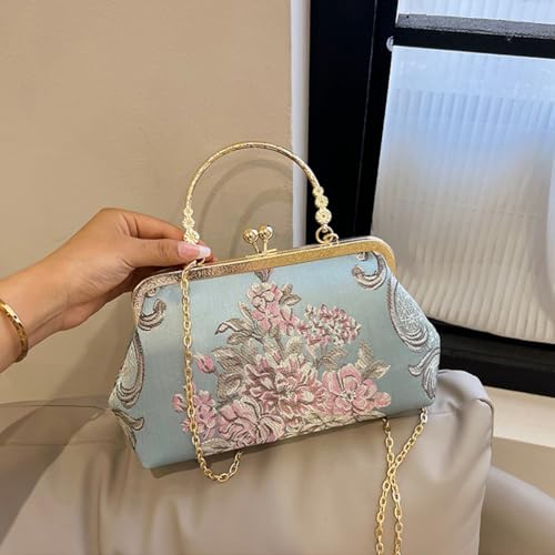 Image of Women Vintage Flower Embroidery Handbag Evening Purse Crossbody Shoulder Bag with Chain Strap