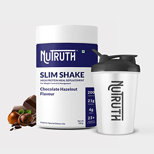 Image of High Protein Meal Replacement Chocolate Hazelnut Flavoured Slim Shake + 500 Ml Shaker | 21 Gm Protein /Serving | Weight Control & Management Protein Shake (500 Gm)