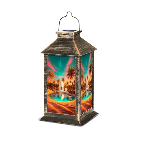 Solar Lantern Desert Sunset Palm Trees Reflection Pool Outdoor Waterproof Hanging Solar Light Outside Lights for Patio Yard House Lawn Decor Birthday Gifts for Women Mom
