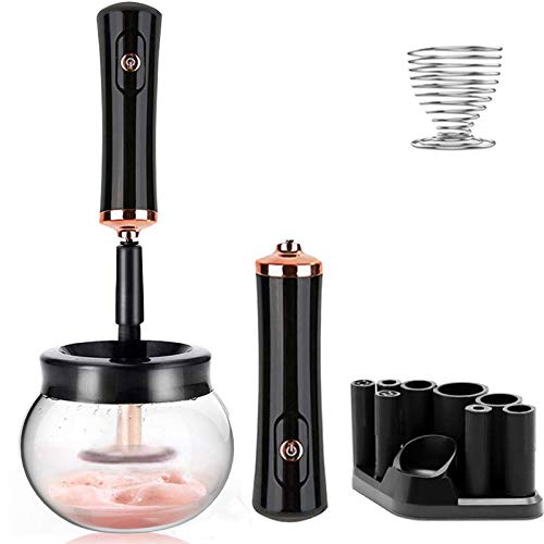 Allyoolly Makeup Brush Cleaner Dryer - 2020 Upgraded Electric Brush Cleaner Machine,8 Size Rubber Collars with Makeup Sponge Holder (AAA Batteries, Black)