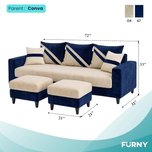 Image of SLEEPIFY Covelle 3 Seater Sofa Set with 2 Ottoman (Dark Blue - Cream) | Premium Soft Velvet | Plush Comfort Cushions | Modern Living Room Sofa | Spacious Comfortable Seating