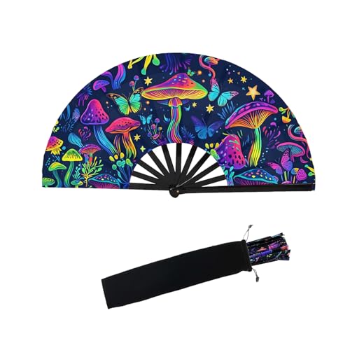 REAIJUNPIN UV Glow Rave Fans,Large Folding Hand Rave Fan,13 Inch Fashionable Mushroom Fan,Fans For Line Dancing, Music Festivals,Carnival,Disco,Glow Party Decorations Supplies (Purple)