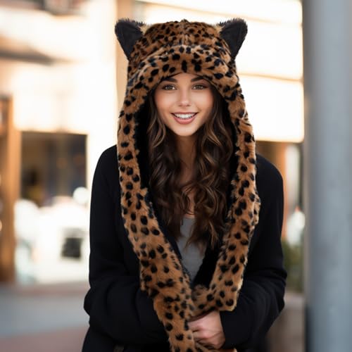 Shellkingdom Plush Novelty Animal Hat,3 In 1 Function Leopard Faux Fur Full Animal Hood Hat Winter Warmer Cap  thumb #1