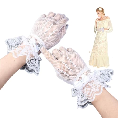 LearnLyrics Gants courts en dentelle, gants de thé | Gants romantiques en dentelle avec nœud floral, gants flexibles et élégants pour costume de mariage pour femmes et filles, Blanc., C
