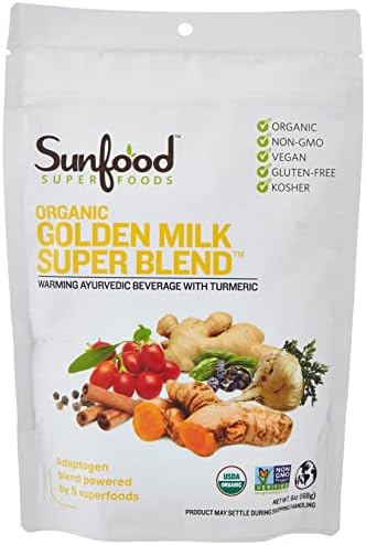 Sunfood Golden Milk Super Blend – Organic Turmeric Latte + Superfoods: Ginger, Maca, Goji, & More | All- Natural, Healthy & Clean Coffee Alternative | Non-GMO, Gluten-Free, Vegan | 6 oz / 56 Servings