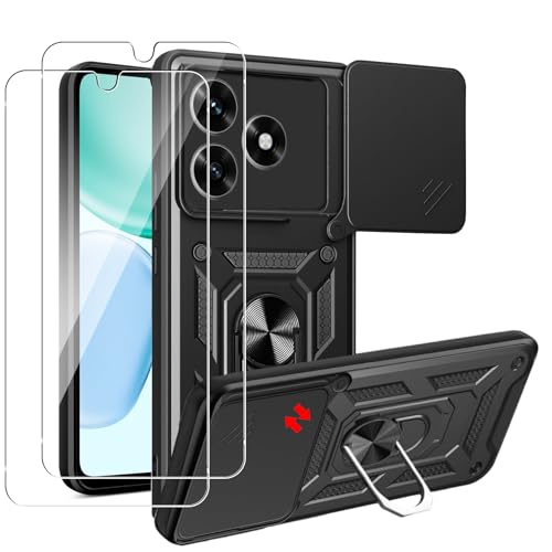 #ColaboraciónPagada<br>Funda para Honor X5C Plus 2 Piezas Cristal Templado Armor Carcasa Militar Antiarañazos con 360° Soporte de Anillo Antigolpes Carcasa con Cubierta de Cámara Deslizante Negro