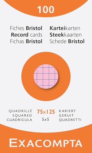 Exacompta - Ref 13271E - Box of 10 Boxes of 100 Index Cards Squared 5x5 unpunched - Format 75 x 125 mm - - Assorted Colours