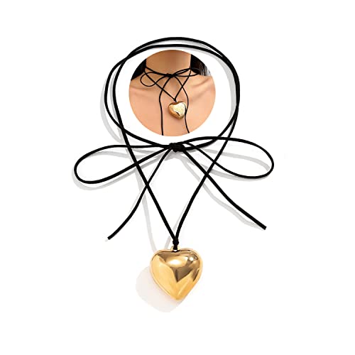Poydora Y2K Simple Chunky Puffy Heart Choker Necklace, Big Heart Pendant Adjustable Velvet Chain Heart Necklaces For Women Teen Girls … (Black Chain + Gold Heart) #TOP4