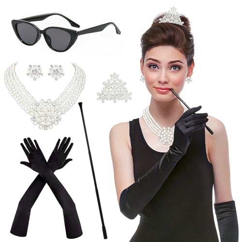 Horolam 6PCS 1920s Accessories Holly Golightly Costume 20s Accessories Pearl Necklace Earrings Gloves Sunglasses for Women