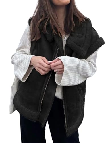 loveimgs Chaleco de invierno de piel de oveja cálida de ante para mujer, con cremallera, sin mangas, abrigo de piel de cordero con bolsillos, Negro  , X Large