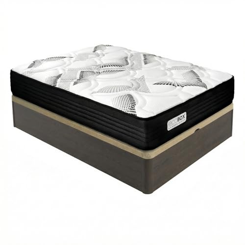 Duérmete Online – Pack Colchón Viscoelástico con Muelles Ensacados Eco Box + Canapé Abatible de Madera Reforzada | Gran Capacidad de Almacenaje | Firmeza Alta | Color Wengué | 150 x 190 cm