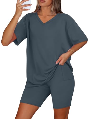 WIHOLL Plus Size Spring Clothes Two Piece Sets for Women Lounge Oversized Short Sleeve Tops Summer Cute Outfits 2026 Casual Grey 2XL