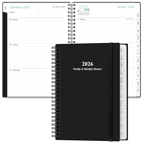 Planner 2026 - A5 Weekly & Monthly Planner Spiral Bound, January 2026 - December 2026, with Flexible Cover, Tabs, Inner Pocket, 6.4" x 8.5", Black