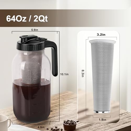 Image of Cold Brew Coffee Maker,Iced Coffee Maker, Mason Jar Pitcher with Stainless Steel Filter, Pour Spout Handle Lid, Heavy Duty Glass for Iced Coffee & Tea -64 Oz（2 Quart） Black