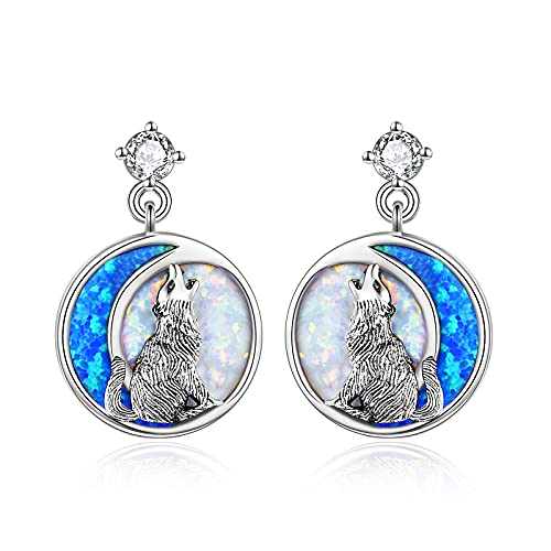 POPKIMI Wolf Earrings Wolf Opal Moon Stud Earrings for Women Girls Sterling Silver Wolf Jewelry Birthday Gifts (Wolf Opal Moon)