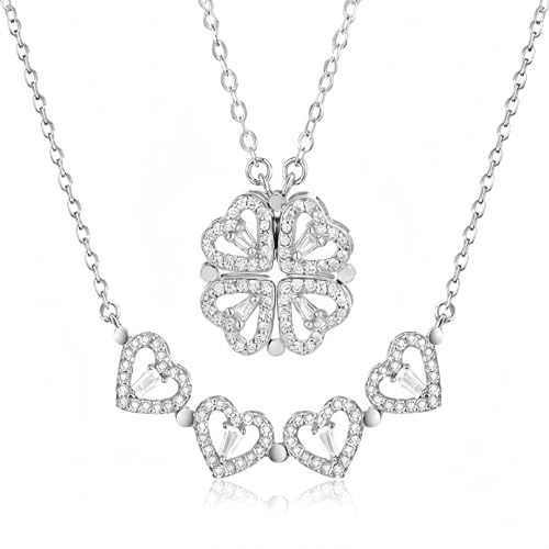 Hello Arlo Clover Heart Necklace 2-in-1 Four Leaf Clover & Heart Pendant Two Wearing for One Adjustable Magnetic Attraction 925 Silver Charm Necklace Gift for Women (sliver)
