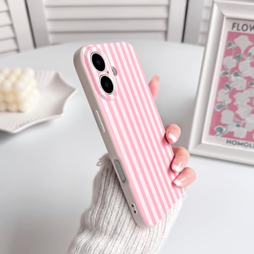 Lovmooful iPhone 16用ケース 可愛いカラーストライプ柄 エステ hetic デザイン 女性・ガールズ向け 柔らかい TPU 素材 耐衝撃高保護 iPhone 16対応ケース-ピンク