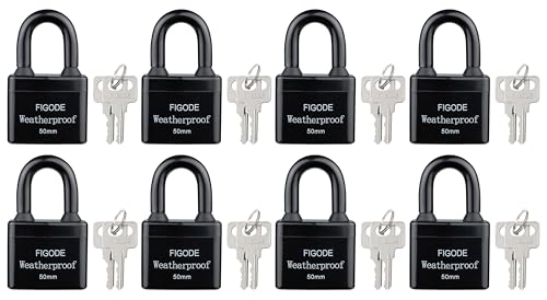 FIGODE® Outdoor Waterproof Padlocks, Covered Heavy Duty Laminated Steel Locks, Large Sturdy Locks, 2.2 in. Wide, 8 Locks Same Key, Standard Shackle