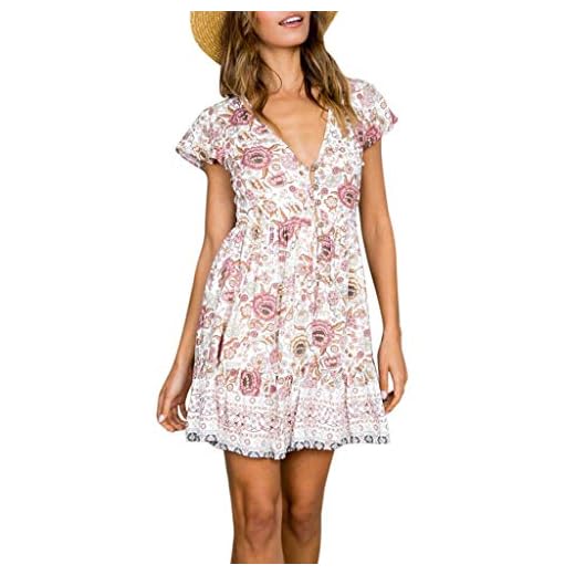 pitashe Damklänning Boho kortärmad miniklänning knapp blommig V-ringad volangad solklänning semester strand casaul miniklänning damer sommar kväll festklänning, Vitt, L